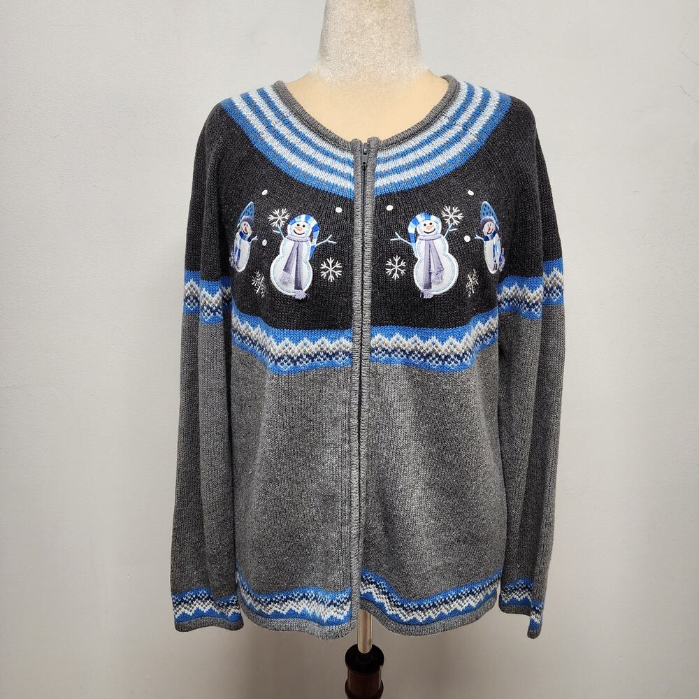 Vintage Ugly Christmas Cardigan Sweater Womens L Full Zip Gray Snowman Cotton